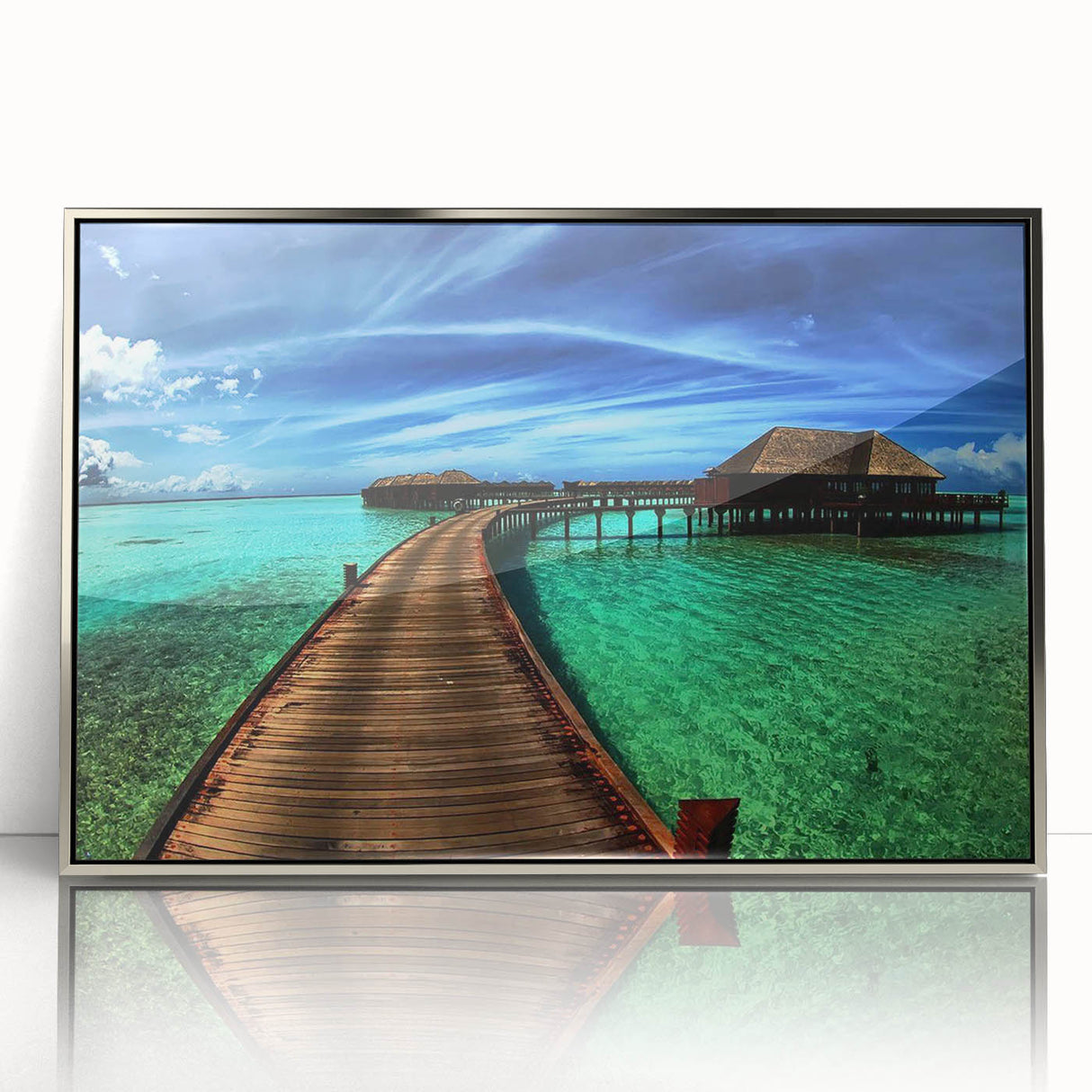 Framed acrylic wall art featuring a serene landscape with a bridge, showcasing silver accents and a modern design, perfect for enhancing home decor.