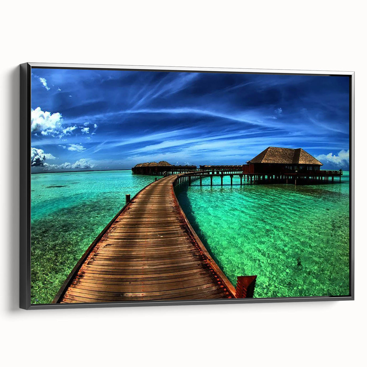 Framed canvas wall art featuring a serene landscape with a bridge, showcasing vibrant colors and intricate details, perfect for home decor enhancement.