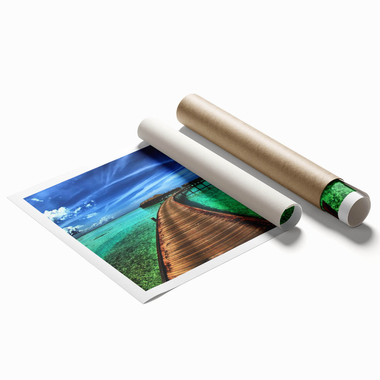 Stunning rolled print of a serene landscape featuring a bridge over a tranquil river, perfect for home decor. Ideal for adding a touch of nature to any space.