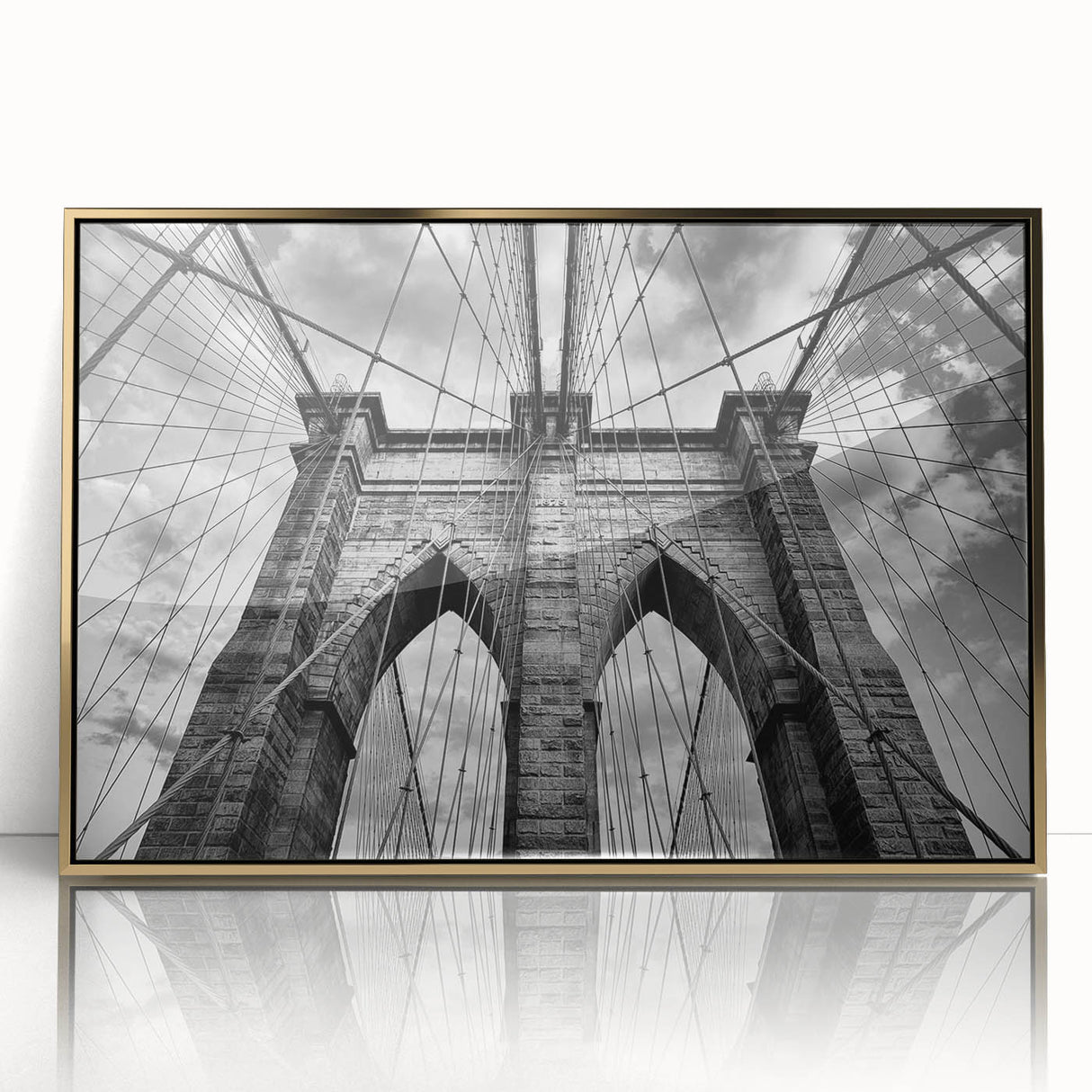 Framed acrylic wall art collection showcasing vibrant landscapes and intricate bridge designs in gold accents, perfect for enhancing modern home decor.
