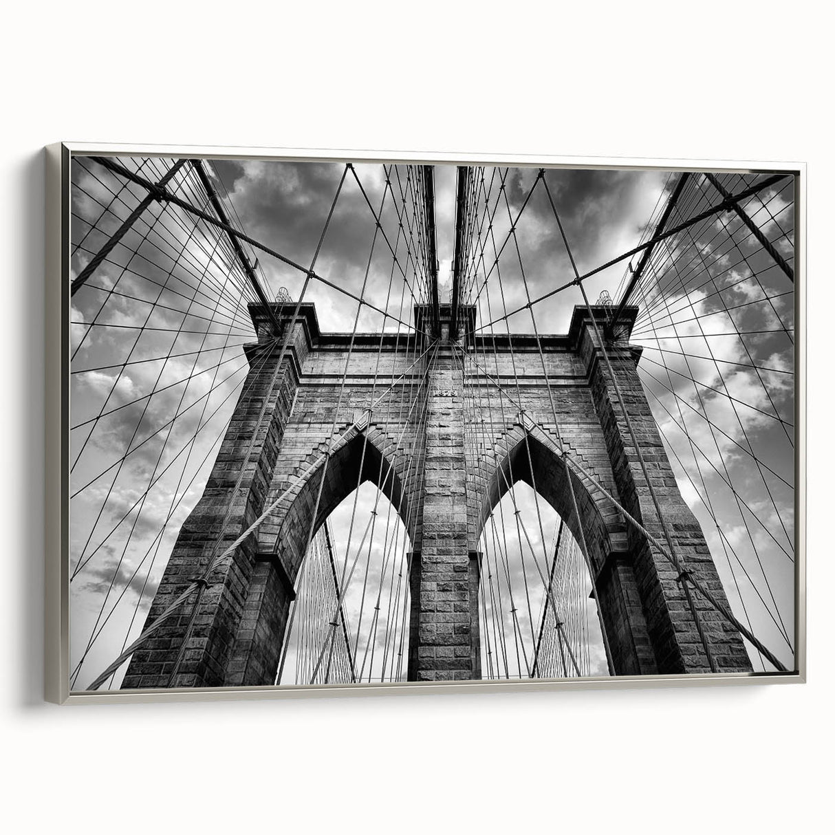Framed canvas wall art featuring a serene landscape bridge design in silver tones, showcasing a tranquil river scene ideal for home decor.