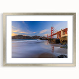 Framed wall art showcasing a modern landscape bridge design, featuring a silver mat and sleek frame, perfect for enhancing contemporary interior decor.