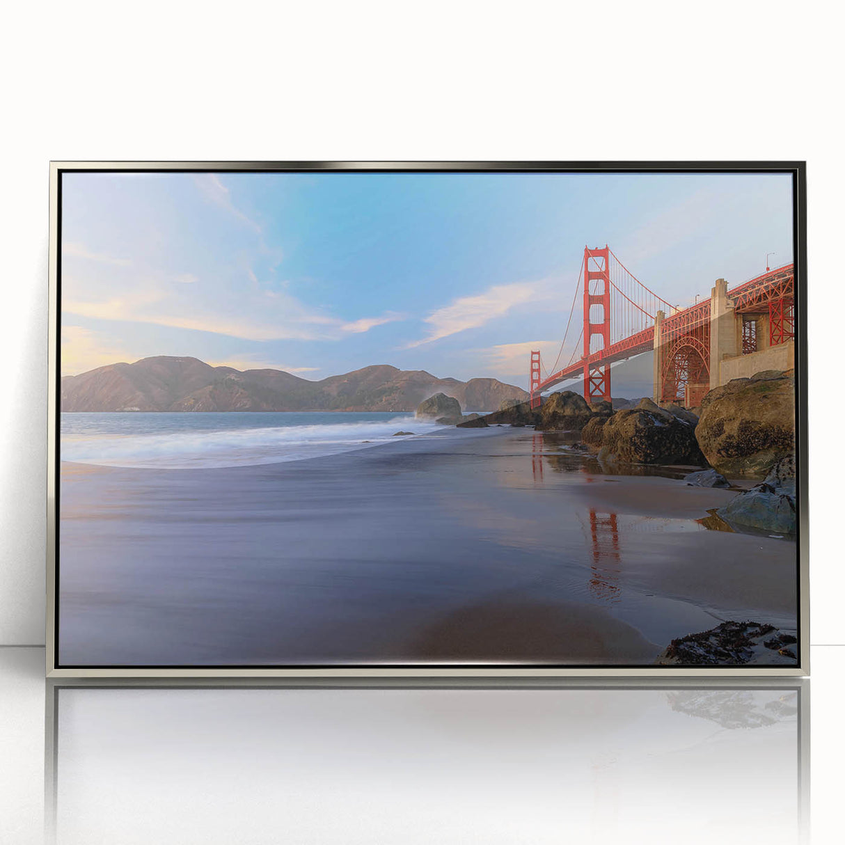 Framed acrylic wall art showcasing a modern landscape bridge design with a silver frame, perfect for contemporary home decor. Ideal for enhancing living spaces with a stylish touch.
