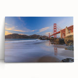 Stretched canvas wall art featuring a serene landscape with a bridge over a calm river, surrounded by lush greenery, ideal for home decor or office settings.