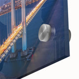 Close-up of a stunning acrylic wall art piece showcasing a vibrant landscape with intricate bridge designs, perfect for enhancing modern home decor and interior aesthetics.