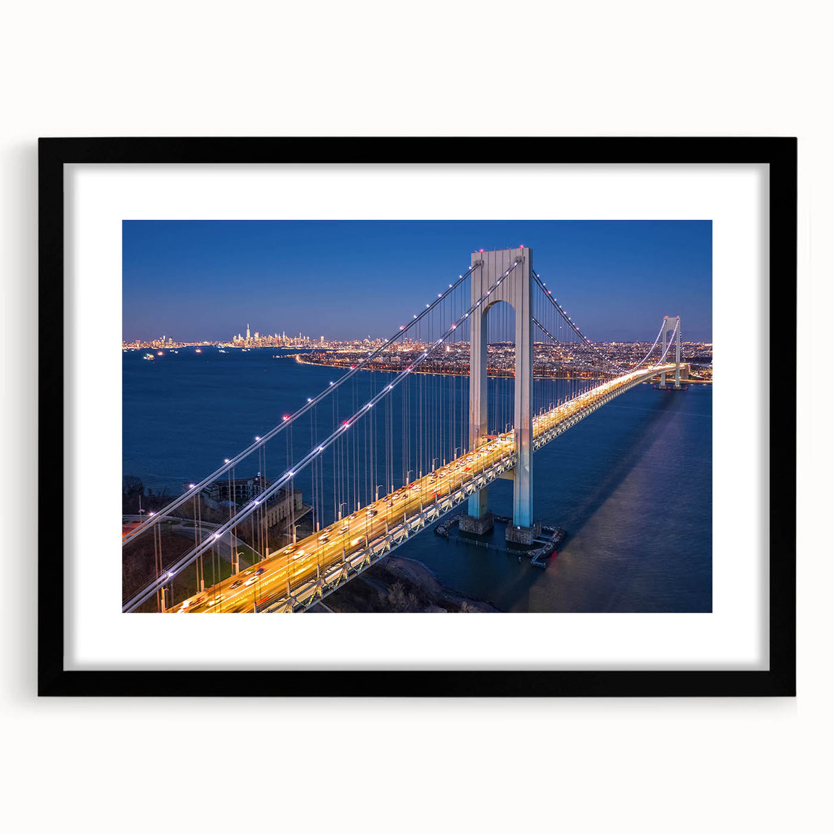 Framed wall art featuring a stunning landscape design of bridges, set against a black mat, perfect for enhancing modern home decor and wall aesthetics.