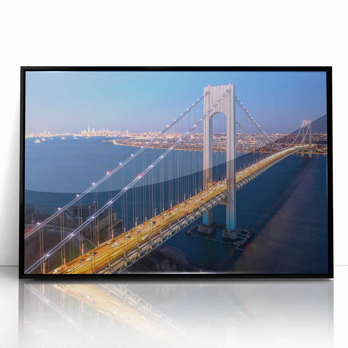 Framed acrylic wall art showcasing a modern landscape design with a bridge, featuring a sleek black frame. Ideal for contemporary home decor.