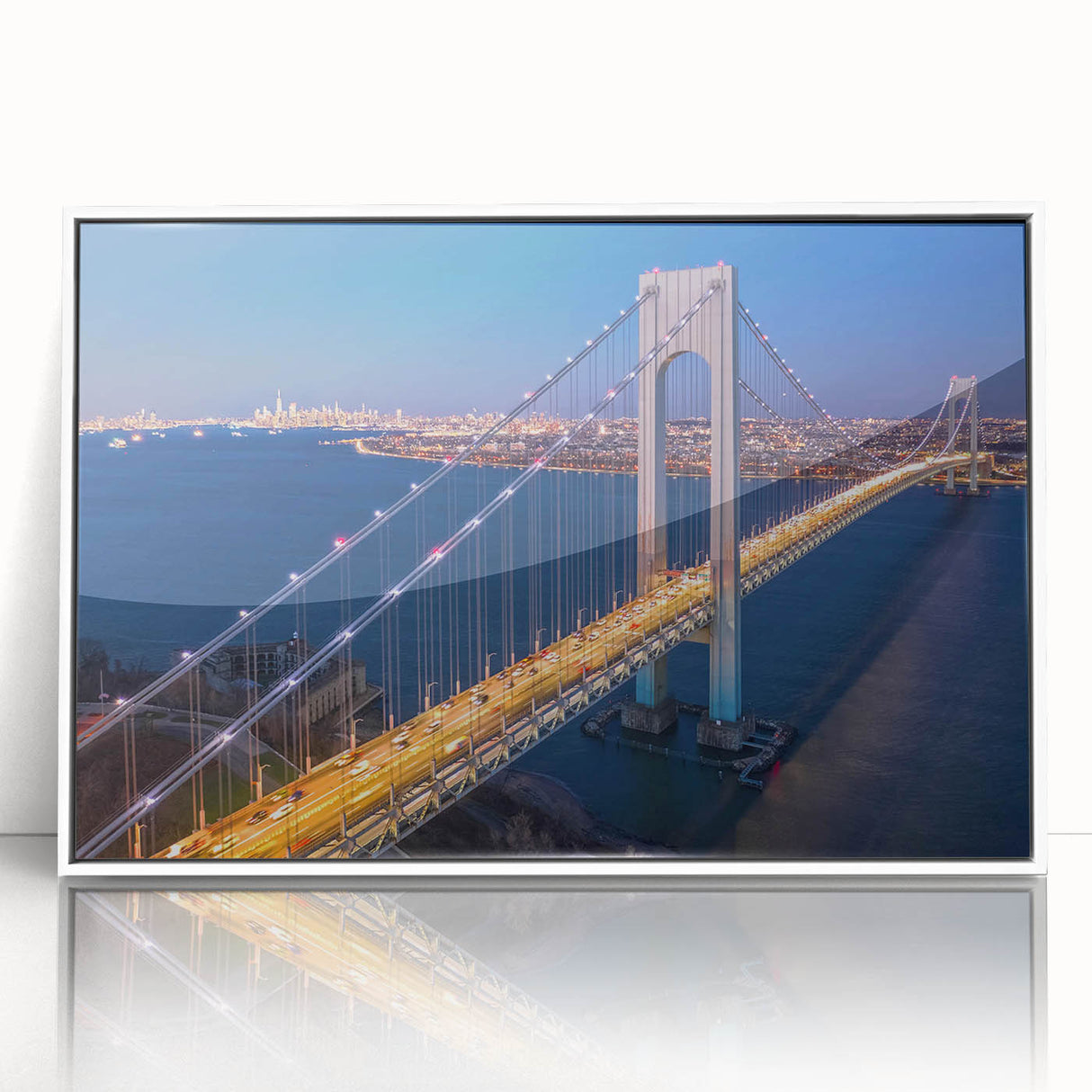 Framed wall art featuring a scenic landscape with a bridge, displayed in a sleek white frame, perfect for modern home decor and interior design inspiration.