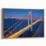 Framed canvas artwork showcasing a stunning landscape featuring a bridge, with a gold frame accentuating the vibrant colors, perfect for home décor.