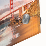 Close-up of a vibrant acrylic glass wall art piece showcasing a modern landscape bridge design, emphasizing intricate details and vivid colors, ideal for contemporary decor.