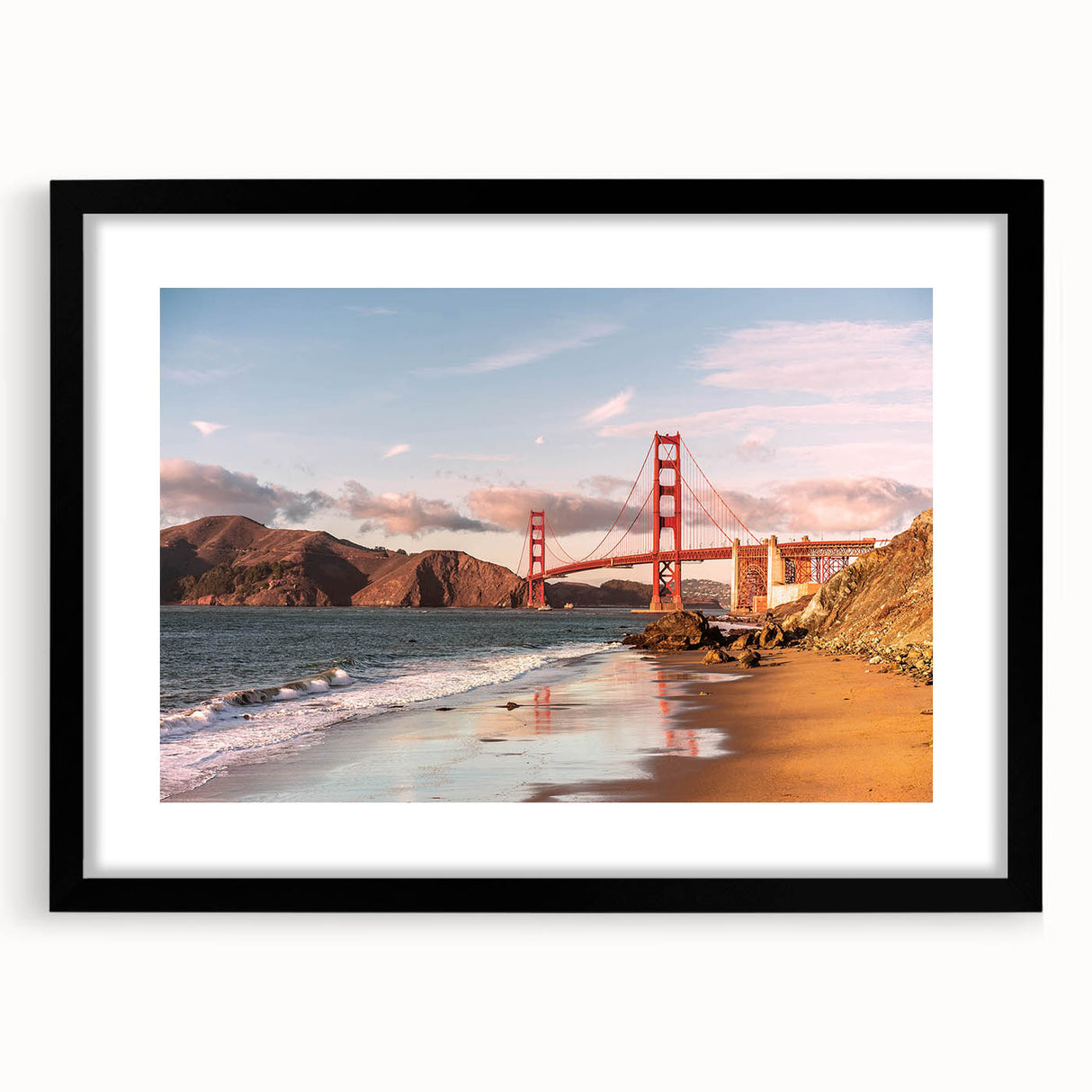 Framed black wall art featuring a modern landscape design of a bridge, with a mat border enhancing its elegance, ideal for home decor or office spaces.