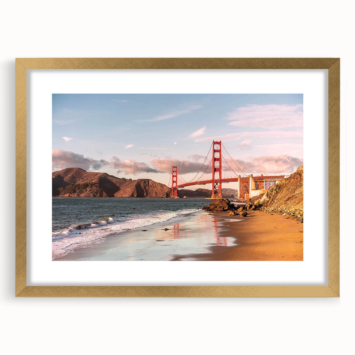 Elegant gold-framed wall art featuring a serene landscape with a bridge, surrounded by a white mat, perfect for enhancing home decor and interior design aesthetics.