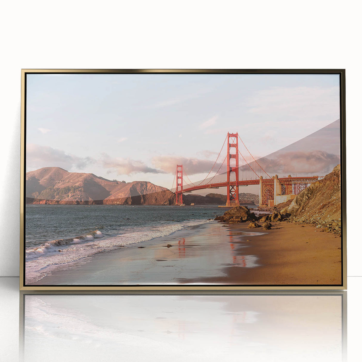 Framed acrylic wall art showcasing a stunning landscape bridge design, featuring a gold frame, perfect for enhancing modern home decor. Ideal for art enthusiasts seeking elegant wall accents.