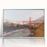 Framed acrylic wall art showcasing a serene landscape with a bridge over calm waters, featuring vibrant colors and modern design, perfect for home decor.