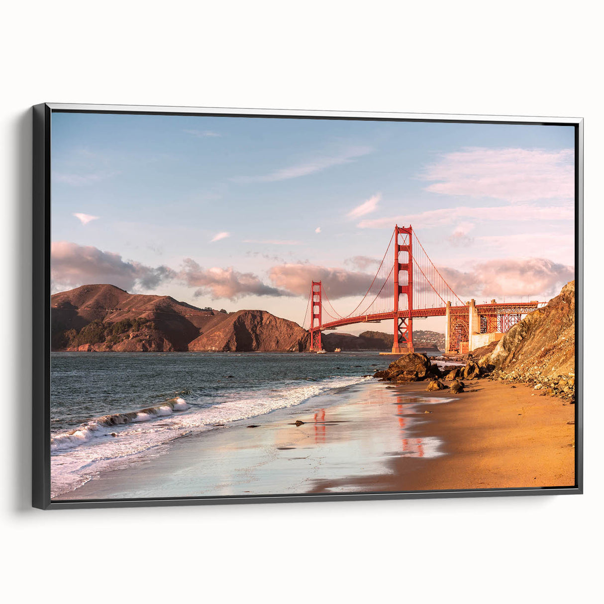 Framed canvas wall art showcasing a stunning landscape featuring a bridge at sunset, with rich colors of orange and blue, perfect for enhancing home decor.