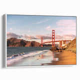 Framed canvas wall art showcasing a serene landscape with a bridge, featuring soft hues of blue and green, perfect for home decor and enhancing tranquility.