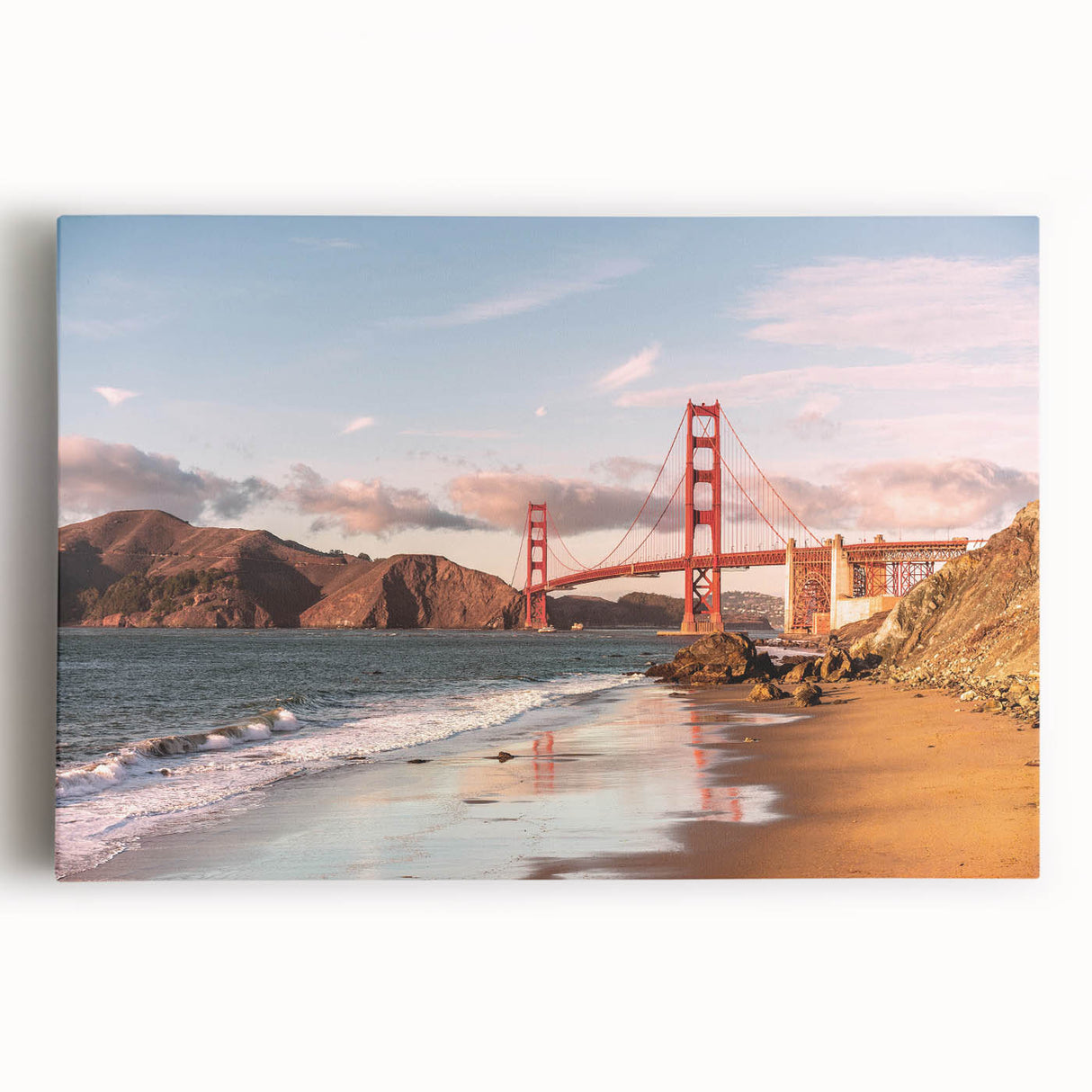 Stretched canvas wall art depicting a serene landscape with a bridge over tranquil waters, showcasing vibrant colors and intricate details, perfect for home decor.