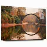Acrylic wall art collection featuring a vibrant landscape and bridge design, displayed in a modern setting with a sleek side view, showcasing its elegant colors and glass finish.
