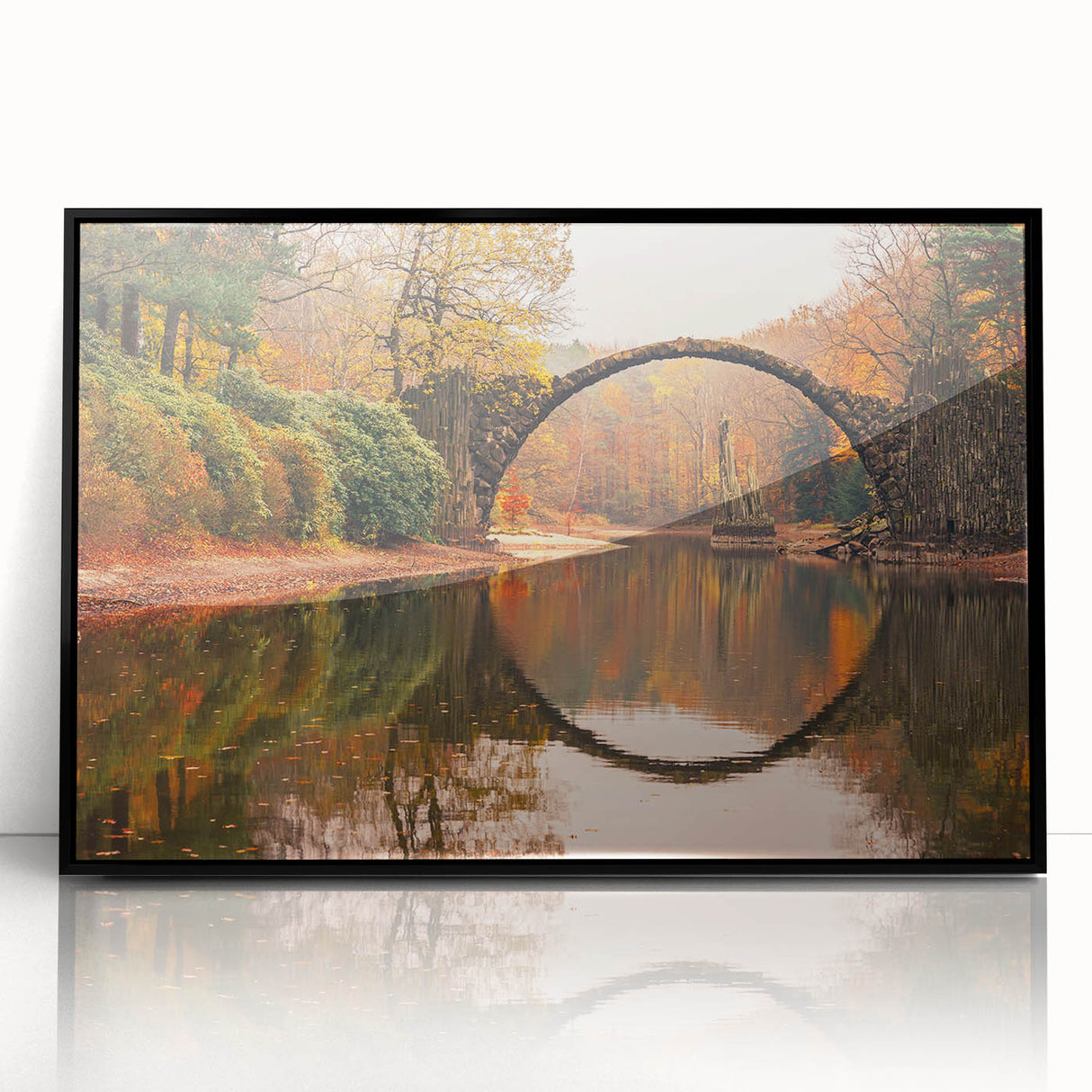Framed acrylic wall art collection showcasing a modern landscape design featuring picturesque bridges, set against a sleek black frame, ideal for contemporary decor.