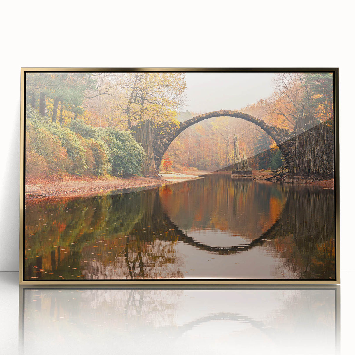 Framed acrylic wall art featuring a stunning landscape bridge design with gold accents, perfect for modern home decor. Ideal for enhancing living spaces with elegance.