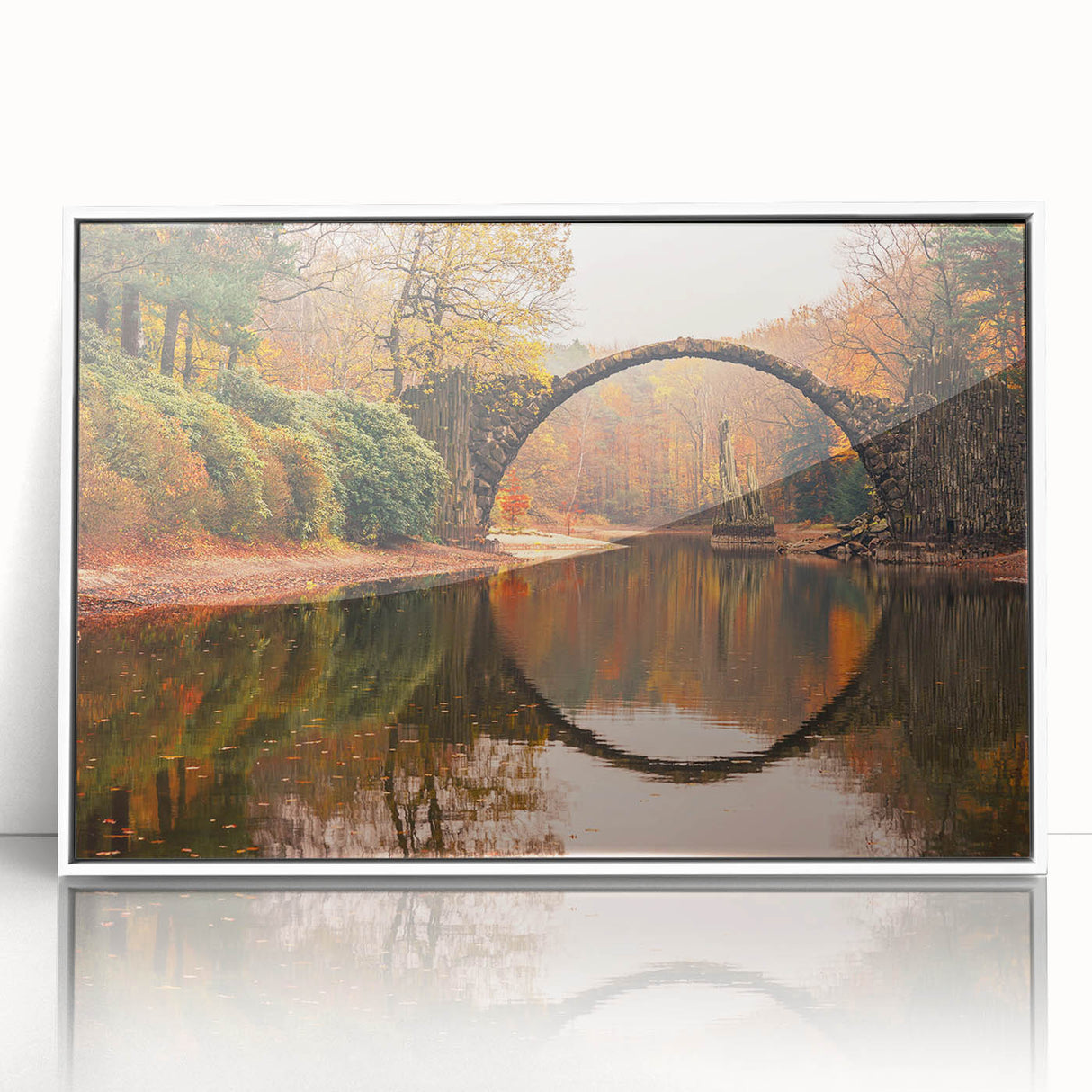 Framed acrylic wall art collection showcasing serene landscapes and elegant bridge designs, presented in a modern white frame, perfect for home decor enhancement.