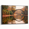 Framed canvas wall art featuring a serene landscape bridge design with vibrant colors, viewed from the side, perfect for modern home decor.