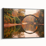 Framed canvas wall art featuring a serene landscape bridge design with vibrant colors, viewed from the side, perfect for modern home decor.