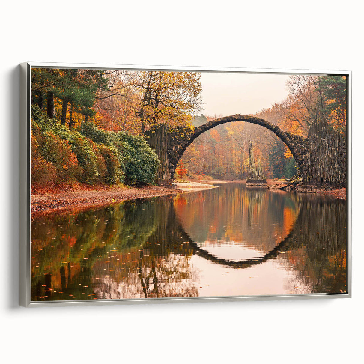 Framed canvas wall art showcasing a modern landscape bridge design in silver tones, elegantly displayed from a side view, ideal for contemporary home decor.