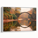 Framed canvas wall art showcasing a serene landscape with a bridge, featuring vibrant colors and a modern design, perfect for home decor.