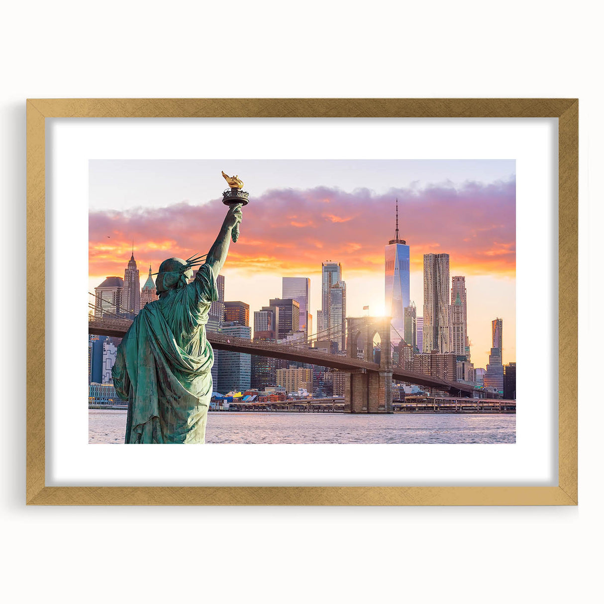 Framed wall art featuring a stunning landscape bridge design in a gold frame with a mat, showcasing vibrant colors and intricate details, perfect for home decor.
