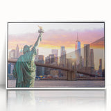 Framed wall art featuring a serene landscape with a bridge, presented in a white frame that enhances the artwork's vibrant colors, ideal for home decor.