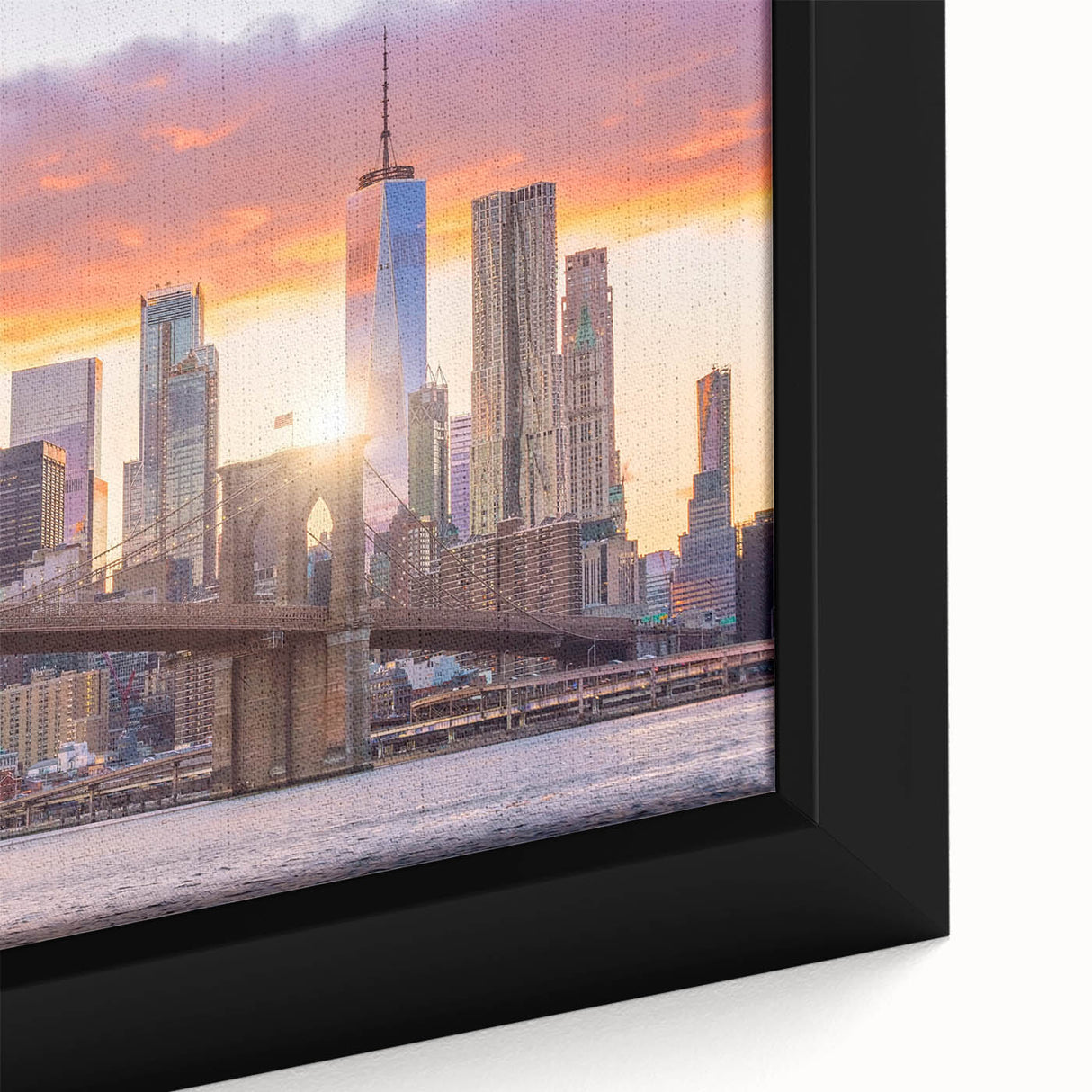 Framed canvas wall art showcasing a serene landscape with a bridge, rich greens and blues, perfect for home decor accentuating nature’s beauty and tranquility.