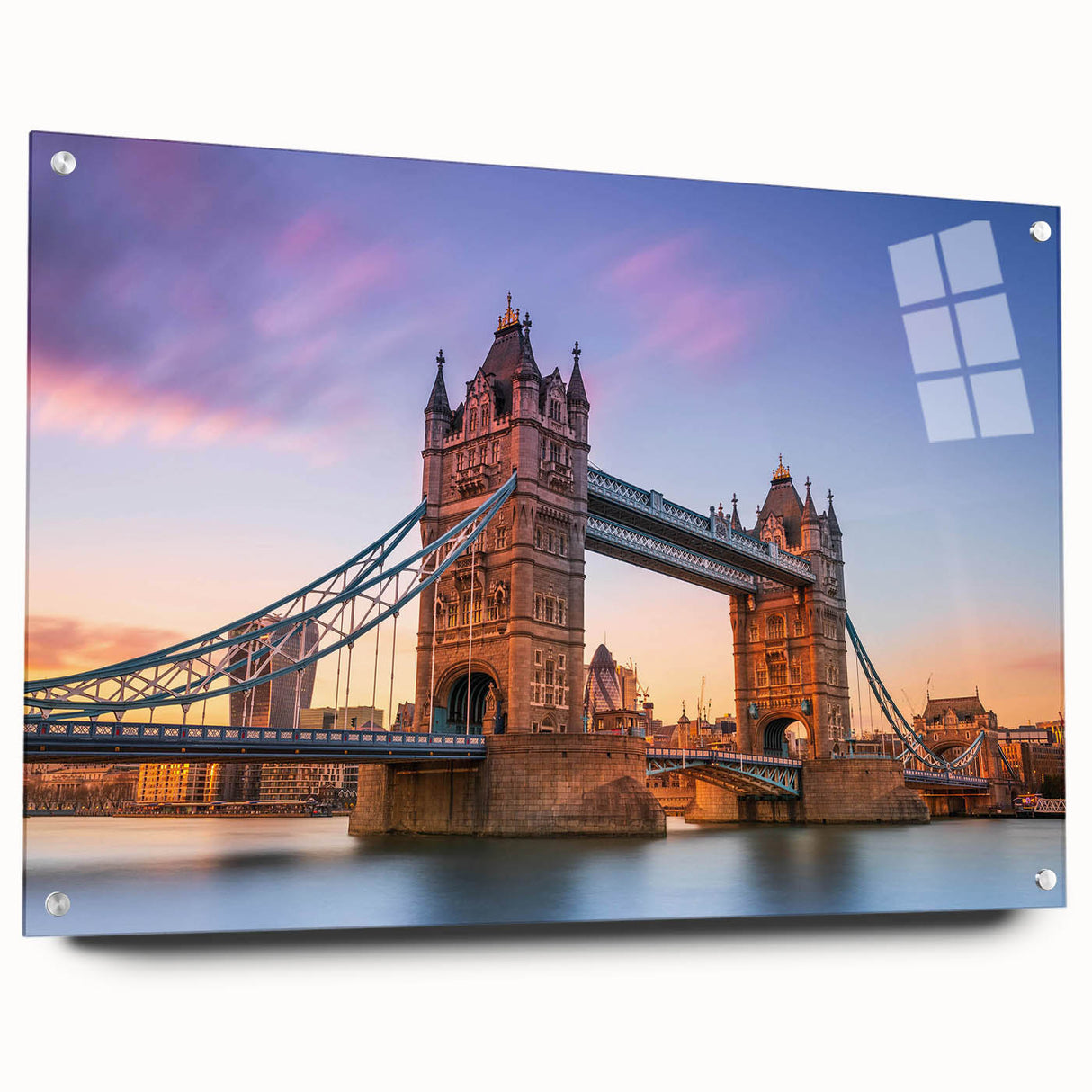Acrylic glass wall art collection featuring a vibrant landscape and bridge design, displayed in a stylish side view with decorative pins, perfect for modern home decor.