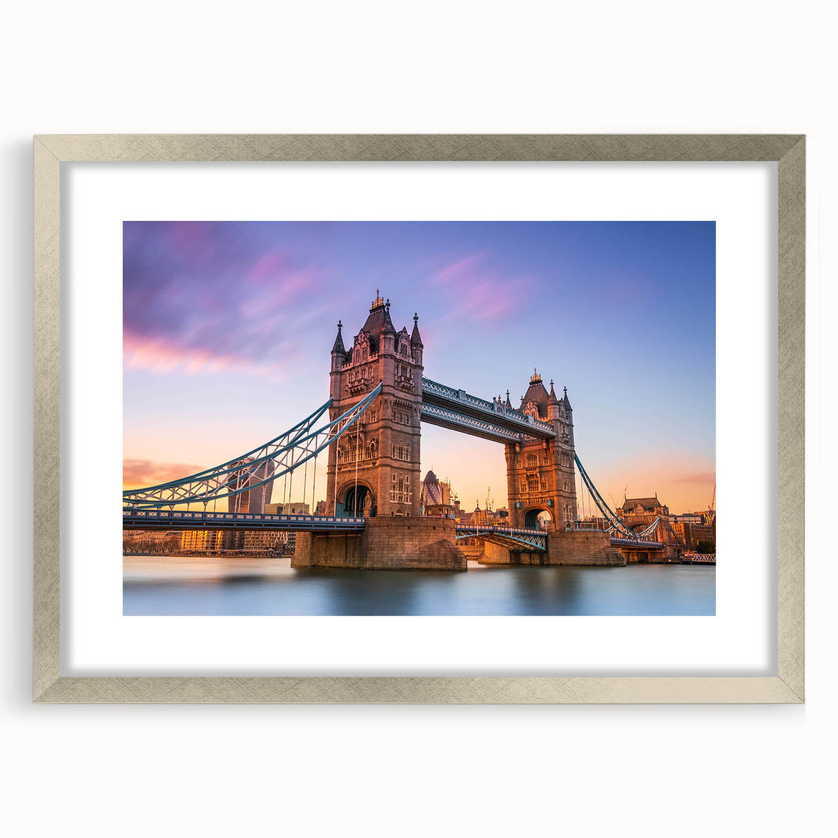 Framed wall art featuring a serene landscape bridge design in silver, complete with a mat for enhanced presentation, ideal for home decor and aesthetic enhancement.