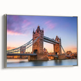 Framed canvas wall art showcasing a serene landscape bridge design in silver tones, ideal for modern home decor, with a side view highlighting its elegant finish.