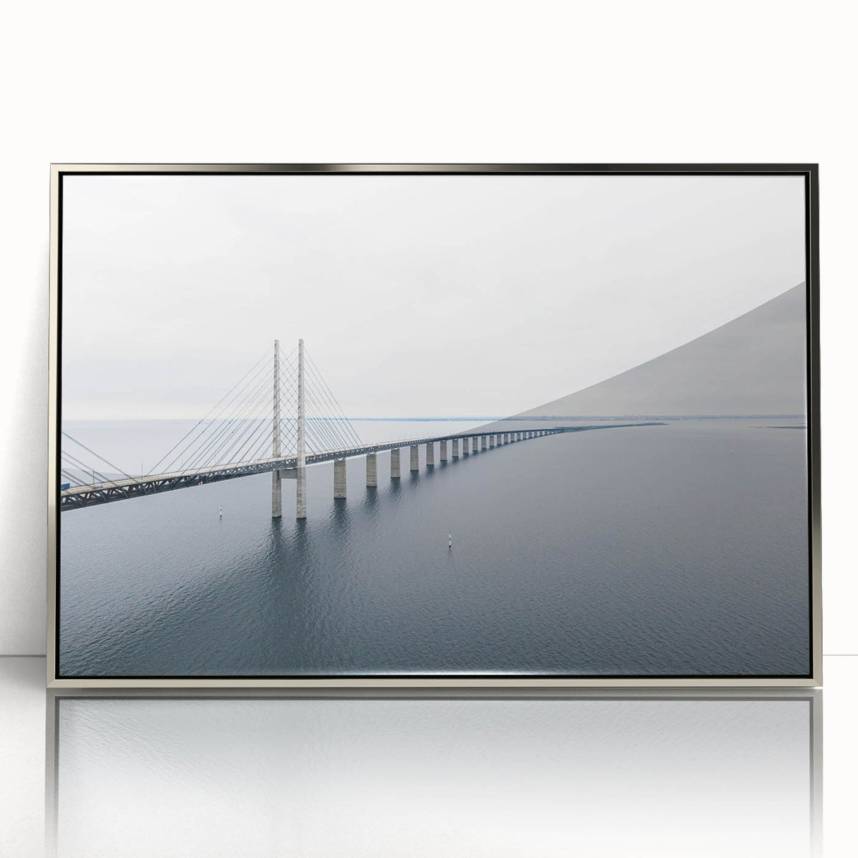 Framed acrylic wall art featuring a contemporary bridge landscape design, showcasing vibrant colors and intricate details, perfect for modern home decor.