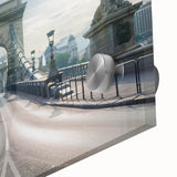 Close-up of a modern acrylic wall art piece showcasing a vibrant landscape design with bridges, featuring rich colors and intricate details, ideal for home decor.