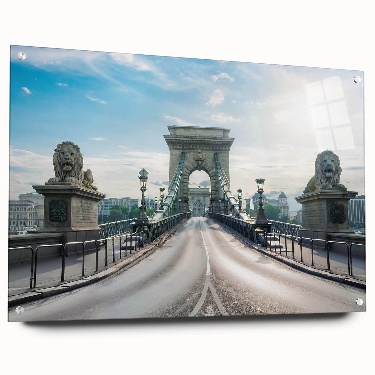 Acrylic glass wall art showcasing a side view of a modern landscape bridge design, elegantly mounted with pins, perfect for contemporary home decor.