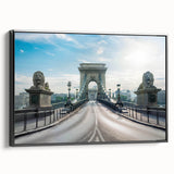 Framed canvas wall art showcasing a scenic landscape bridge design, featuring rich colors and a sleek black frame, perfect for home decor enhancement.