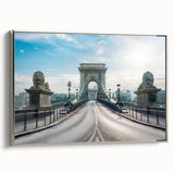 Framed canvas wall art showcasing a modern landscape design with a bridge, featuring silver accents and a sleek side view, ideal for contemporary decor.