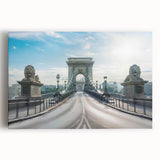 Stretched canvas wall art showcasing a vibrant landscape bridge scene with lush greenery and a clear blue sky, perfect for modern home decor.