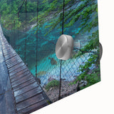 Close-up of a stunning acrylic glass wall art piece featuring a serene landscape bridge design, showcasing vibrant colors and intricate details, perfect for home decor.
