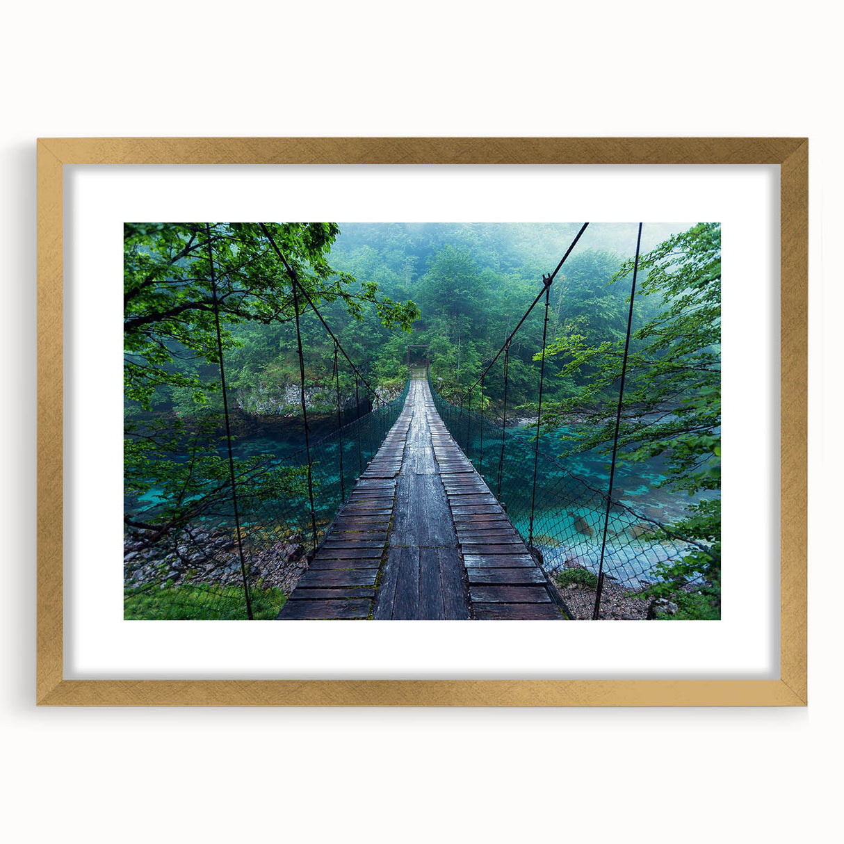 Elegant wall art print featuring a scenic bridge landscape design, framed with a gold mat for a sophisticated touch. Ideal for enhancing modern home decor.