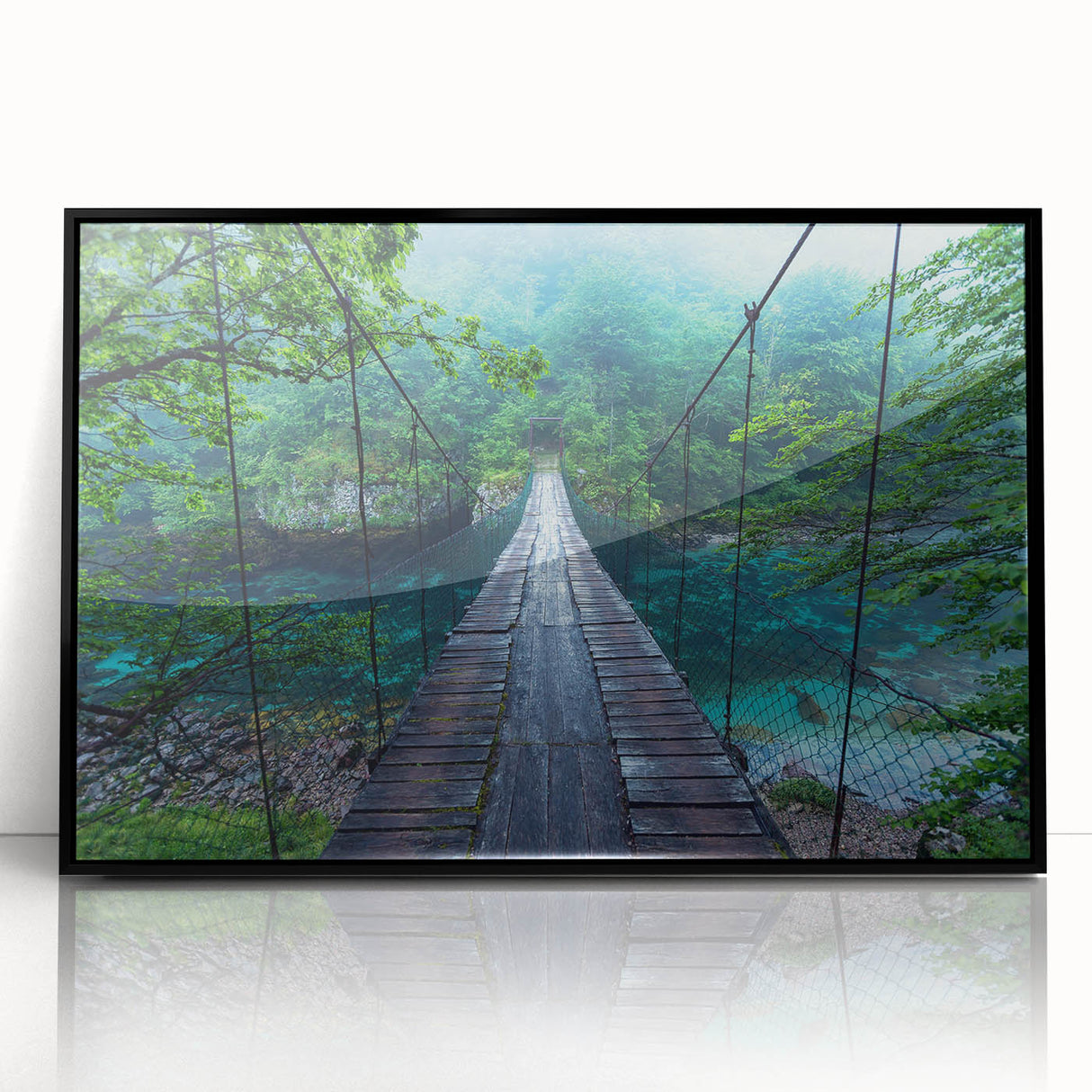 Framed acrylic wall art showcasing a modern landscape design with bridges, featuring a sleek black frame, perfect for contemporary home decor and interior design enthusiasts.