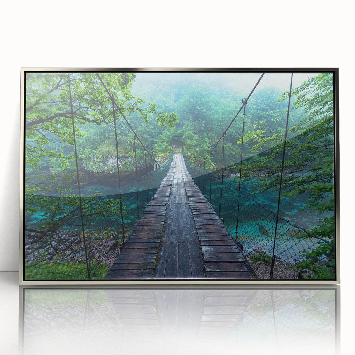 Framed acrylic wall art featuring a stunning landscape with a bridge, designed in silver tones, perfect for modern home decor. Ideal for enhancing living spaces.