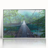 Framed acrylic wall art showcasing a serene landscape with a bridge, featuring soft pastel colors and a sleek white frame, perfect for modern decor. This elegant piece adds a touch of tranquility to any room, enhancing the overall aesthetic.