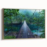 Framed canvas wall art showcasing a scenic landscape with a bridge, accented by gold details, perfect for modern home decor. Ideal for enhancing living spaces.