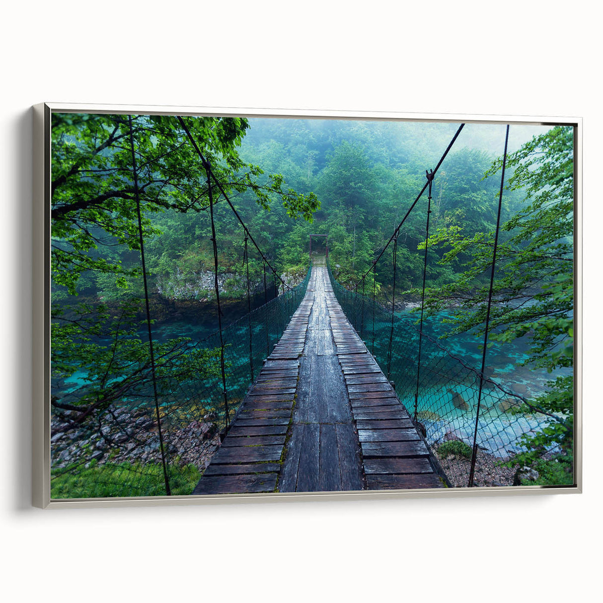 Framed canvas wall art showcasing a stunning landscape bridge design with a silver frame, adding elegance to any room decor. Perfect for modern home interiors.