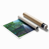 Beautifully designed rolled print of a serene landscape featuring a bridge over a tranquil river, ideal for home decor. The artwork showcases vibrant colors and intricate details, perfect for enhancing any living space or office.