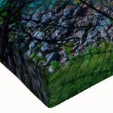 Close-up of a stretched canvas wall art piece showcasing a vibrant landscape bridge design, featuring rich colors and intricate details, ideal for home decor.